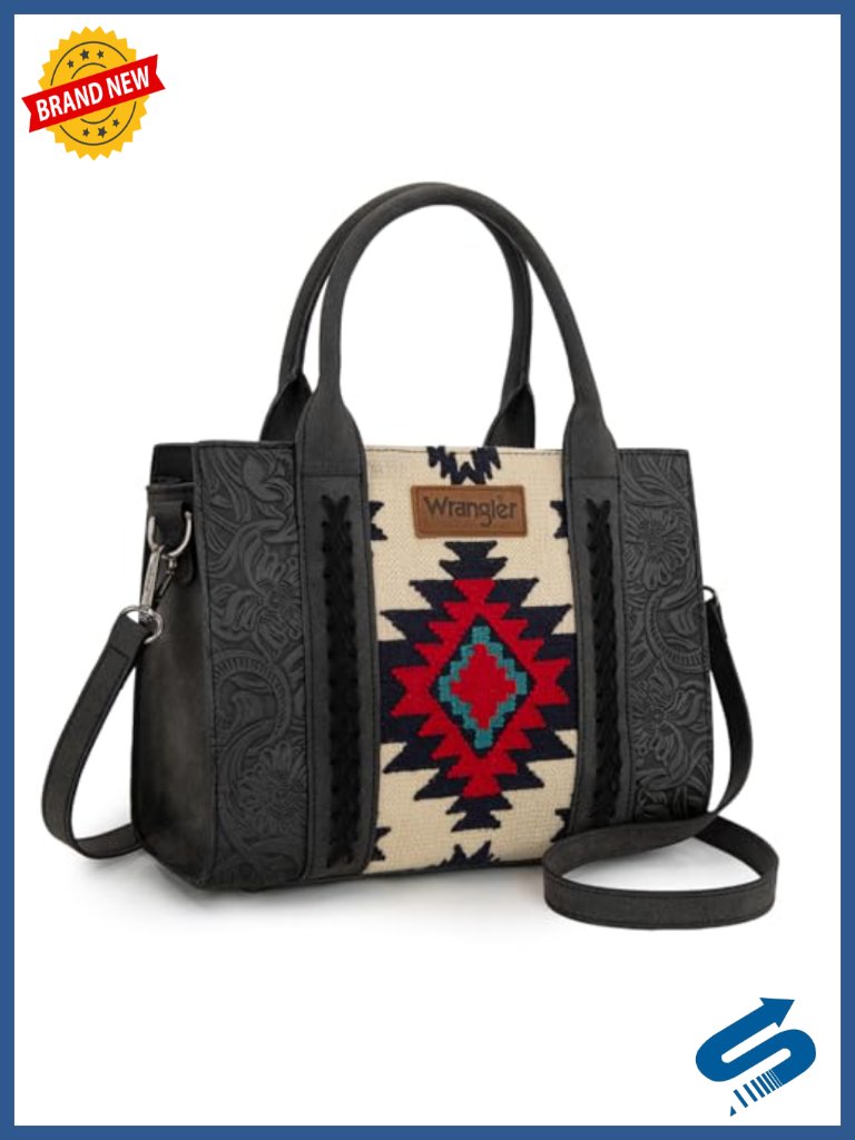 Genuine Leather Aztec Tapestry Western Tote Satchel With Whipstitch Details